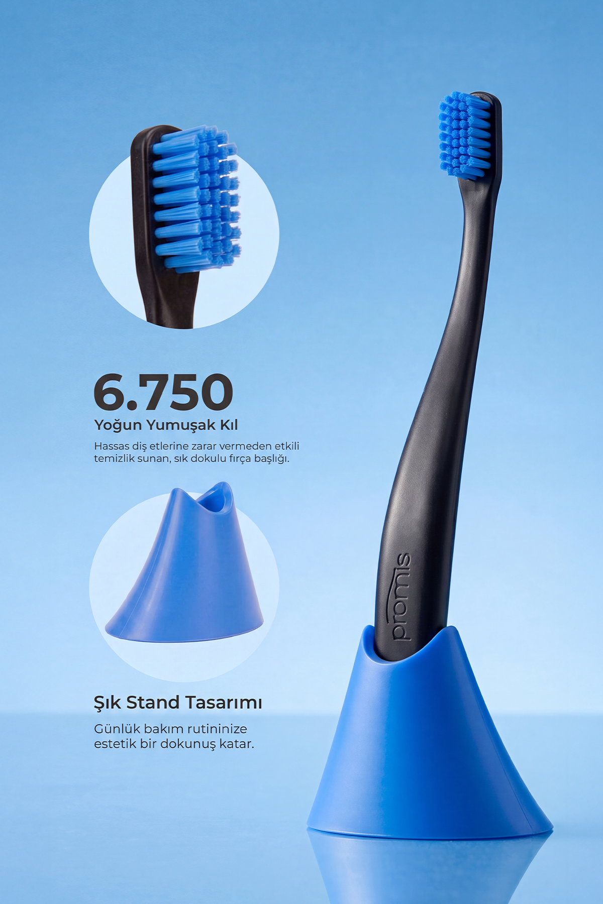 Promis Box Siyah Diş Fırçası + Antibakteriyel Stand – 6750 Yumuşak Kıl, Biyoplastik Sap